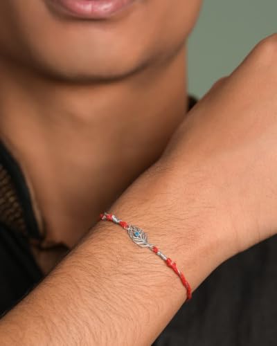 Image of Clara 925 Sterling Silver Rakhi with Roli Chawal for Bhai | Gift for Brother on Rakshabandhan | Men & Boy Bracelet
