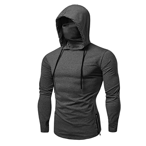 Men's Turtleneck Mask T-Shirt with Hood Solid Color Long Sleeve Drawstring Hooded Sweatshirt Sportwear