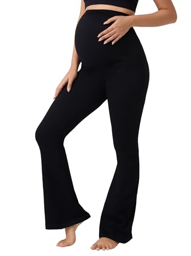 Angelhood Women's Maternity Flare Leggings Over The Belly Ribbed Pregnancy