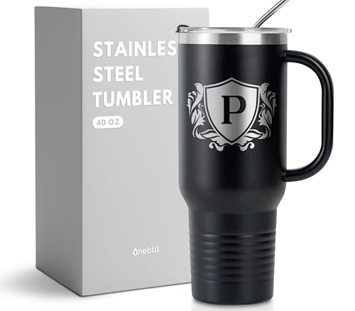 Onebttl Personalized 40 oz Tumbler with Handle and Straw, Monogrammed Travel Cup for Men, Custom Coffee Mugs, Unique Birthday Christmas Gifts for Men Who Have Everything, P
