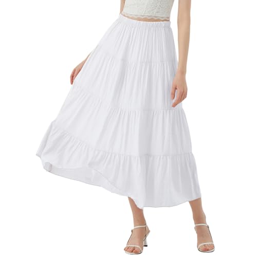 Women's Boho Maxi Skirt Summer Flowy Long Tiered A-Line Elastic High Waist Pleated Beach Skirt