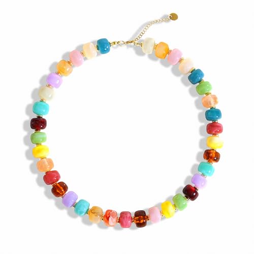 Abiotp Boho Colorful Chunky Beaded Necklace for Women Trendy Resin Statement Choker Necklaces Summer Beach Style Womens Vacation Fashion Jewelry Gifts Accessories (colorful)