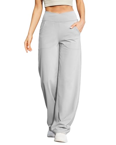 G4Free Women Fashion Wide Leg Pants Woman Yoga Pants with Pockets Loose Workout Lounge Palazzo Pants(Light Grey,M,Short)