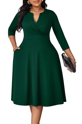 Image of Runwind Women's Plus Size Midi Dress 3 /4 Sleeve Fit and Flare Cocktail Dresses Casual V-Neck Dress with Pockets