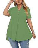 Picture of PLOKNRD Women's Plus Size Tops Short Sleeve Henley V Neck Button Up Flowy T Shirts Tunic Loose Blouses Army Green