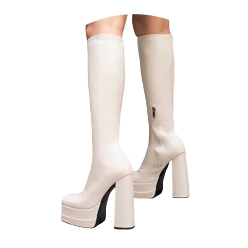 Knee High Boots for Women Platform Square Toe Chunky Block Heeled Long Tall Boots Womens Fashion Leather High Heels Comfortable Party Cosplay Halloween Pull On Boot with Side Zipper(Beige,6)