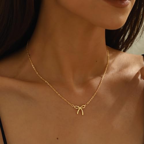 Gold Bow Necklace for Women - 14K Gold Plated Dainty Gold Necklace Cute Small Tiny Bow Pendant Choker Chain Necklace Trendy Necklaces Chrismast Gifts ffor Women Gold Jewelry3