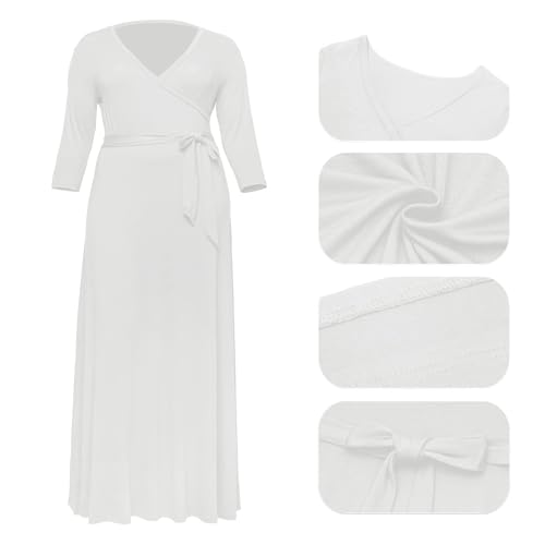 Image of Plus Size Dresses for Women Floral Maxi Dress Flowy 3 /4 Sleeve Oversize Long Dresses with Belt White 2XL