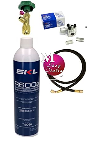 Kit réparation recharge réfrigérateur congélateur avec bouteille de gaz R600a de 420 gr + robinet sortie 1/4' M + tuyau 90 cm + valve de perçage pour tuyau cuivre