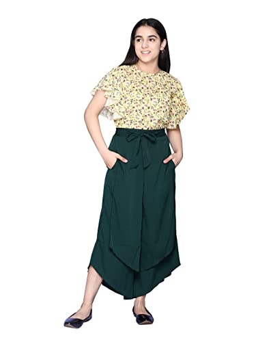 Image of LILPICKS Girls Floral Flutter Sleeve Top with Stylish Long Skirt Set (Yellow Teal Green)