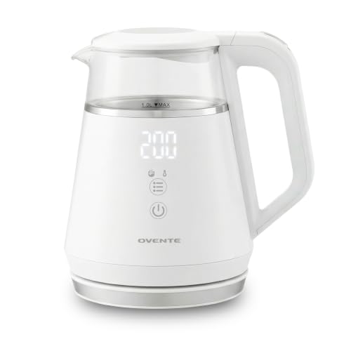 Image of OVENTE 1L Electric Kettle with Temperature Control, 1500W, White KD95W | Water Boiler With Digital Display, 5Hr Keep Warm, Auto Shut-Off, Double-Wall Cool-Touch Exterior, BPA-Free Borosilicate Glass