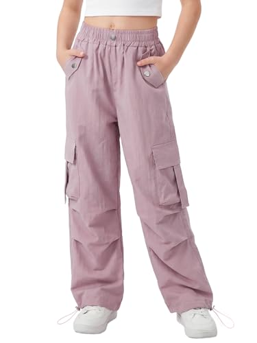 JiAmy Girls Cargo Pants Y2K Baggy Streetwear for Kids Elastic Waist&Ankle Multi Pockets Casual Jogger Pants 7-14Y