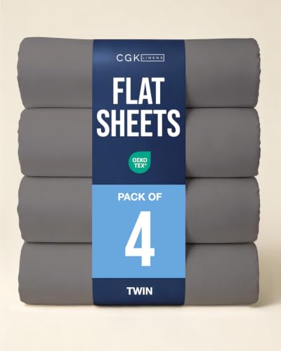 Twin Size Flat Sheet - Pack of 4 Top Flat Bed Sheet Only - Dark Grey