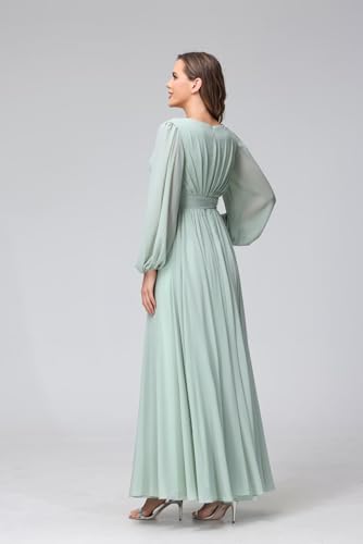 SYYS Long Sleeve Bridesmaid Dresses for Wedding with Slit Flowy Chiffon Formal Dresses with Pockets SYYS0952