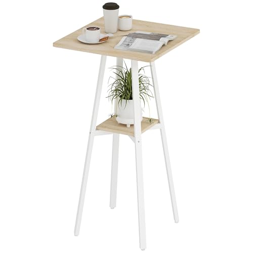 HOMCOM Mesa Alta Cocina Cuadrada con Estante de Almacenamiento, Mesa Alta Bar Moderna para 2 Personas con Marco de Metal para Salón y Comedor, 55x55x95 cm, Madera Natural y Blanco