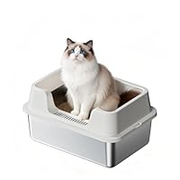 GarveeHome Groß Katzenklo Edelstahl, Halbgeschlossen Katzenklo Edelstahl Leicht Zu Reinigen, Hoher Abnehmbarer Metall Katzentoilette Mit Anti-Rutsch Matte, Katzenstreuschaufel, 50x35x22CM,Naturweiß