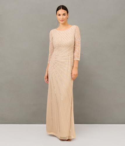 Image of Adrianna Papell Long Sleeve Beaded Long Gown with Starburst Bead Pattern