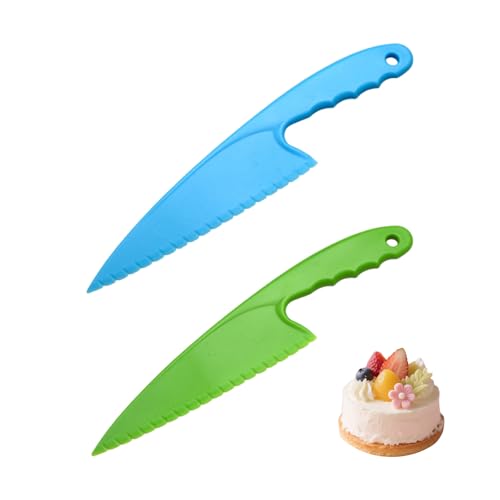 UEKPDM Plastic Serrated Cake Knife Salad Lettuce Knife Bread Pie Pastry Cutter Server Leveller Kitchen Baking Tool (2 Pieces)(Blue and Green)