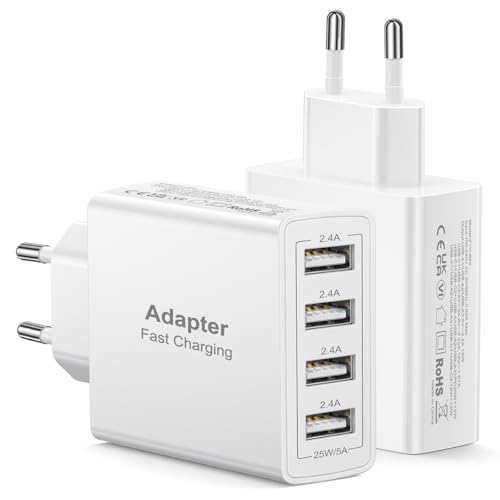 Caricatore USB Multiplo 2-Pack, 4Porte Presa Multipla Spina Alimentatore USB, 25W Multipresa Caricabatterie Spinotto Carica Rapido Caricatore per Samsung S25 S24 S23, iPhone Air 17 16 15 14 13 12 11