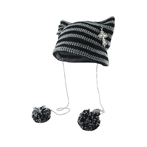Fairy Grunge Crochet Beanies with Poms Y2K Cat Ears Knitted Slouchy Hats with Punk Cross Alt Caps Headwear Accessories, Grey, Medium Cover