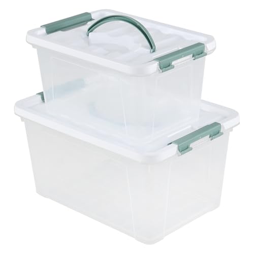 Afromy Paquete de 2 cajas de almacenamiento con tapa de plástico con asa, contenedor organizador con tapa y hebillas de cierre (7 cuartos de galón/14 cuartos de galón)