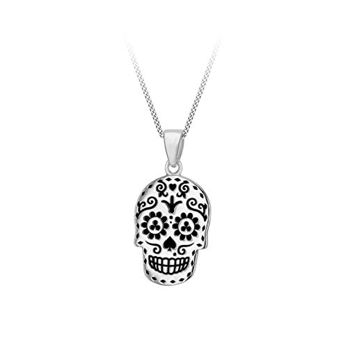 Tuscany Silver Collar con Colgante Calavera ‘Día de los Muertos’ para Mujer – Cadena Grumet en Plata de Ley (925) Oxidada – 46 cm