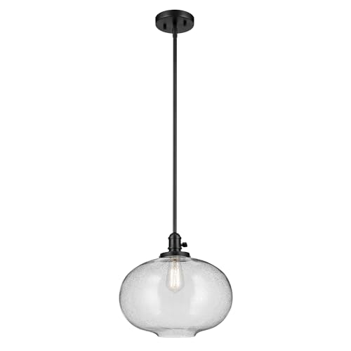 KICHLER Avery 1-Light Globe Pendant Light with Clear Seeded Glass in Black, Industrial Style Hanging Light Fixture for Kitchen Island and Dining Room (14" x 14.5"), 43911BK by Kichler - Used condition - US$96.55