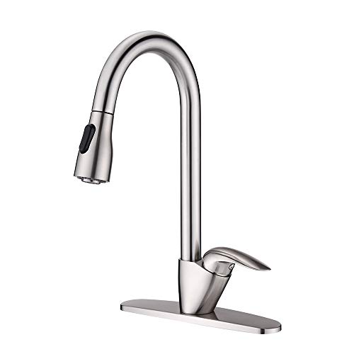 NEWATER Solid Brass High Arc Pull out Brushed Nickel Kitchen Faucet with Deck