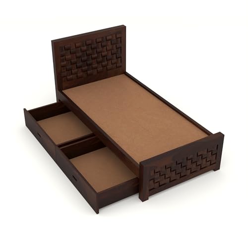 Image of Solid Sheesham Wood Single Size Bed with 2 Drawer Storage Wooden Single Cot Bed for Home Living Room Bedroom Guest Room Hotel (Walnut, Size 6 * 4)
