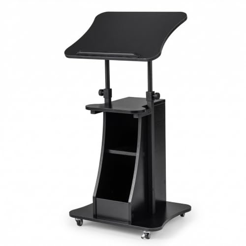 FANTASK Atril de pie Ajustable en Altura 50x40x72-112 cm con Tablero inclinable y Compartimentos Abiertos, Atril de pie y Sentado, Mesa Alta con Ruedas para Oficina (Negro)