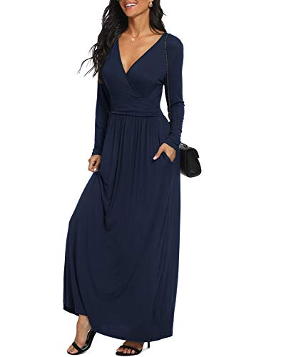 Image of LILBETTER Women Long Sleeve Deep V Neck Loose Plain Long Maxi Casual Dress