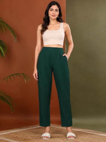 Image of Yash Gallery Women's Regular Fit Mid Rise Solid Cotton Slub Ankle Length Regular Trouser Pant