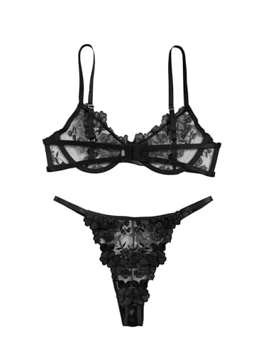 Image of Lilosy Sexy Floral Embroidered Mesh Sheer Underwire Lingerie Set