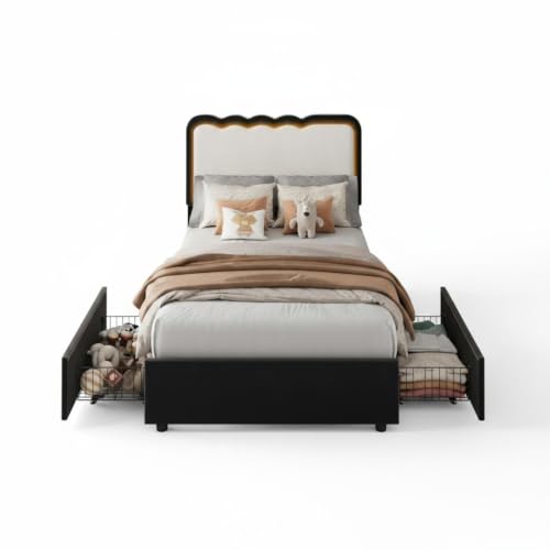 Image of Garvee Irregular Wave LED 2-Drawer Soft Upholstered Bed, Soft Padding