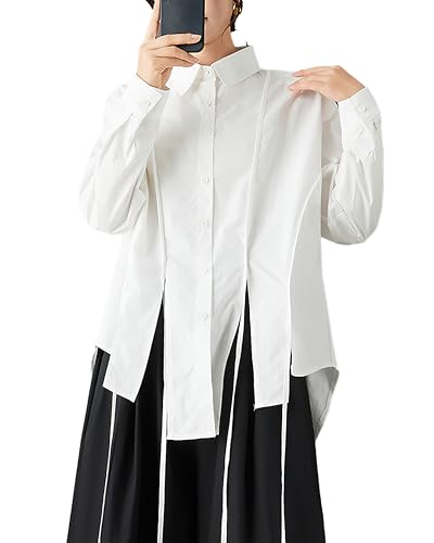 ellazhu Chemise pour Femmes, col à Revers, boutonnée, Manches Longues, Unie, Ourlet irrégulier, Grande Taille GZ713 Blanc