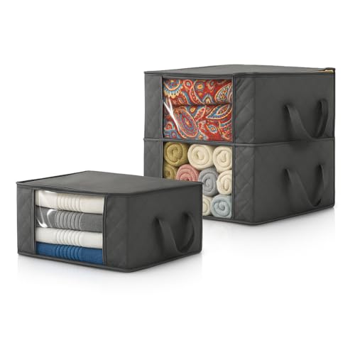 JIVAL19*22 Cajas Almacenaje Ropa 35L – Pack 3 Cajas Organizadoras Bajo Cama y Armario, Tela 3 Capas, Asas Reforzadas, Ventana Transparente