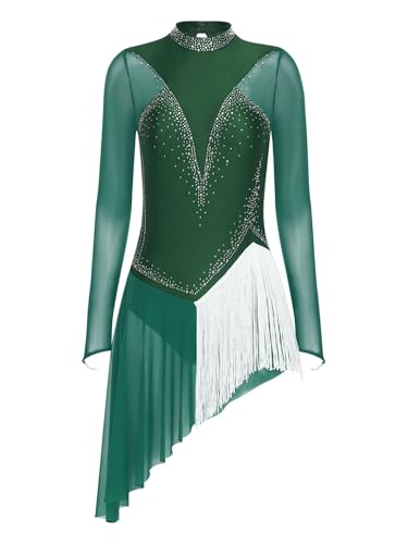 Kaerm Kürkleider Eiskunstlauf Damen Rollkunstlauf Kleid Langarm Fransenkleid Strass Glitzer Ballettkleid Wettbewerb Performance Bekleidung Grün XL