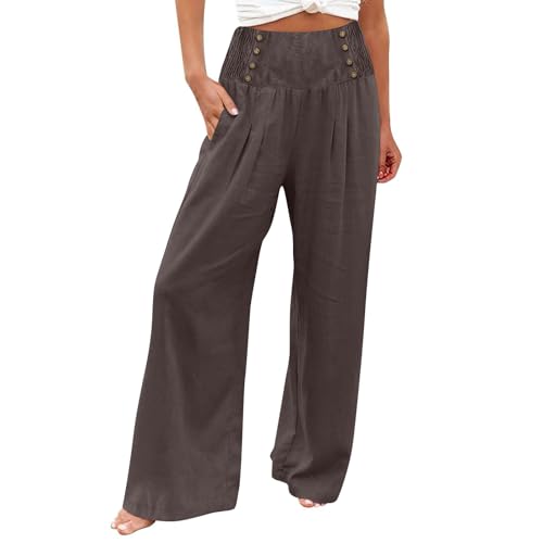 Women's Wide Leg Pants High Waist Linen Trousers Solid Elastic Waist Slim Fit Pants with Pockets Loose Lounge Pants