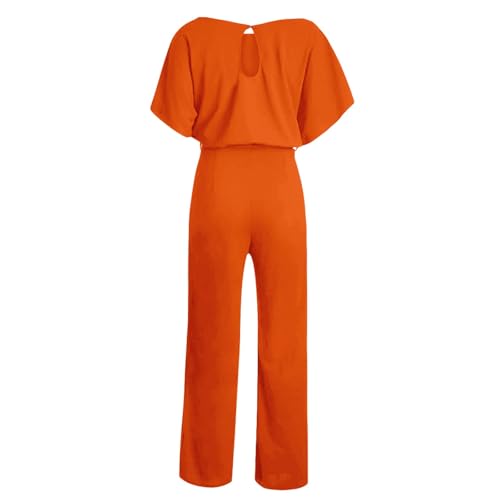 HOOUDO Ladies Jumpsuits Petite Summer Short Sleeve Playsuits Ladies Plain Casual Wide Leg Pant Belted Romper Formal Wedding Overalls Baggy One Piece Outfits Dungarees My Orders Orange - Image 8