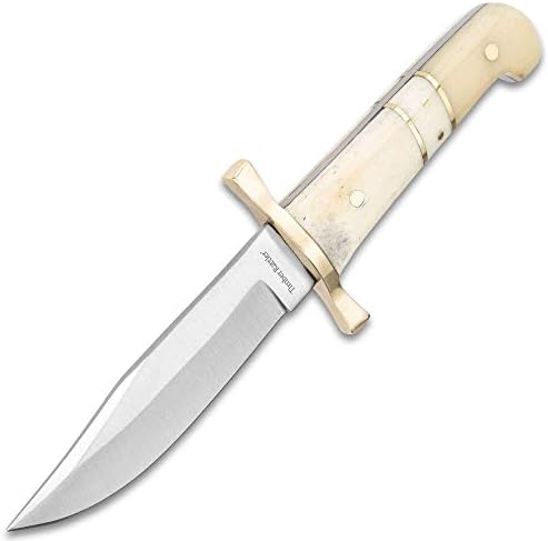 Timber Rattler Camel Bone Bowie Knives and Leather Twin Sheath - Two-Piece Fixed Blade Set, Stainless Steel Blades, Genuine Camel Bone Handles Brass Handguards - Two Bowies for Outdoor Adventures