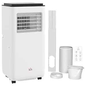 HOMCOM Climatiseur avec évacuation mobile portable 10000BTU 2,9KW ventilateur déshumidificateur 4 en 1, télécommande intégrée minuterie 24H pour pièces jusqu'à 35 m², blanc