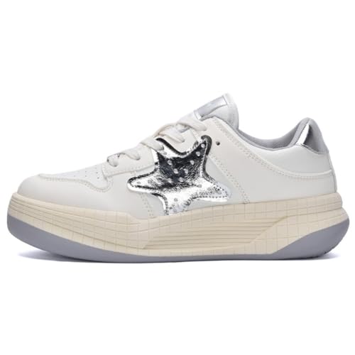 Kawaii Cute Star New Beige Black & Silver Sneakers for Girls - Chunky Platform with Star Design, Retro Pretty Pastel Style, Perfect for Travel Streetwear