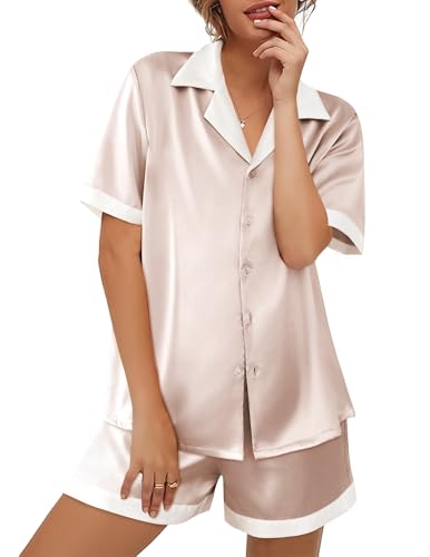 Image of Ekouaer Womens Silk Satin Pajama Set Short Sleeve PJs 2 Piece Button Down Top and Shorts Notch Collar Sleepwear Sets Soft Pjs