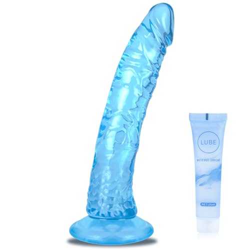 Blue Soft Realistic Dildo, Jelly Dong Stimulator with Strong Suction Cup for Hands-Free Play, Silicone Lifelike Penis Adult Sex Toy for Women G Spot and Anal Play (Blue, M)