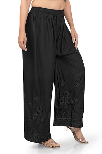 Image of Women's Palazzo Pants with Floral Embroidery, Elastic Waist, White,Black and Off White, Cotton, Lucknowi Style