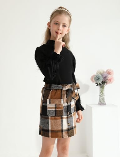 Image of Toddler Girl Clothes Girls Outfits Flare-lace Sleeve Top and Plaid Skirt Dress Fall Winter 2Pcs Girls Clothes 5-12T