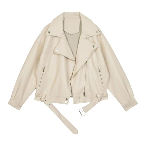 Chaqueta de cuero corta para mujer, chaqueta de cuero sintético para mujer, motociclista manga larga con solapa y cremallera, abrigo corto