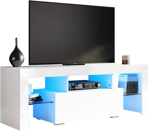 SONNI TV-Schrank, Weiß Hochglanz, mit LED-Beleuchtung, 12 Farben wählbar, mit Flügeltür, griffloses Design, Fernsehtisch, TV-Regal, Lowboard Hochglanz, 130x35 x45cm, Weiß, GTV005W-WHITE