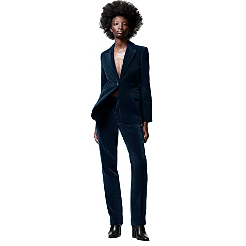 Cdkoke Women's Velvet Suit One Button Peak Lapel for Banquet Office Jacket & Pants Navy Blue