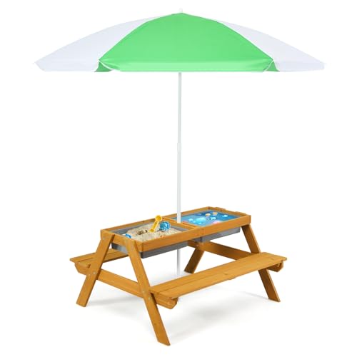 GOPLUS Mesa Infantil con Banco y Sombrilla, 3 en 1 Banco Convertible con Bandeja Extraíble y 2 Cajas de Almacenamiento, Mesa de Actividad de Madera para Exterior Jardín (Verde+Blanco) (Verde+Blanco)